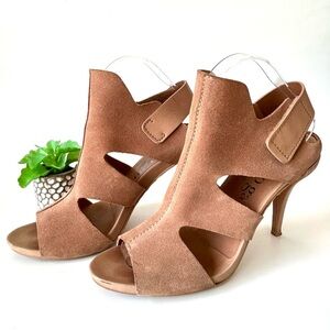 Pedro Garcia Suede High Heel Cutout Sandal Slingback Pink Velcro Strap Size 39.5